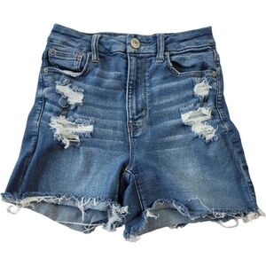 American Eagle Woman’s blue distressed curvy high rise shortie denim shorts sz 0